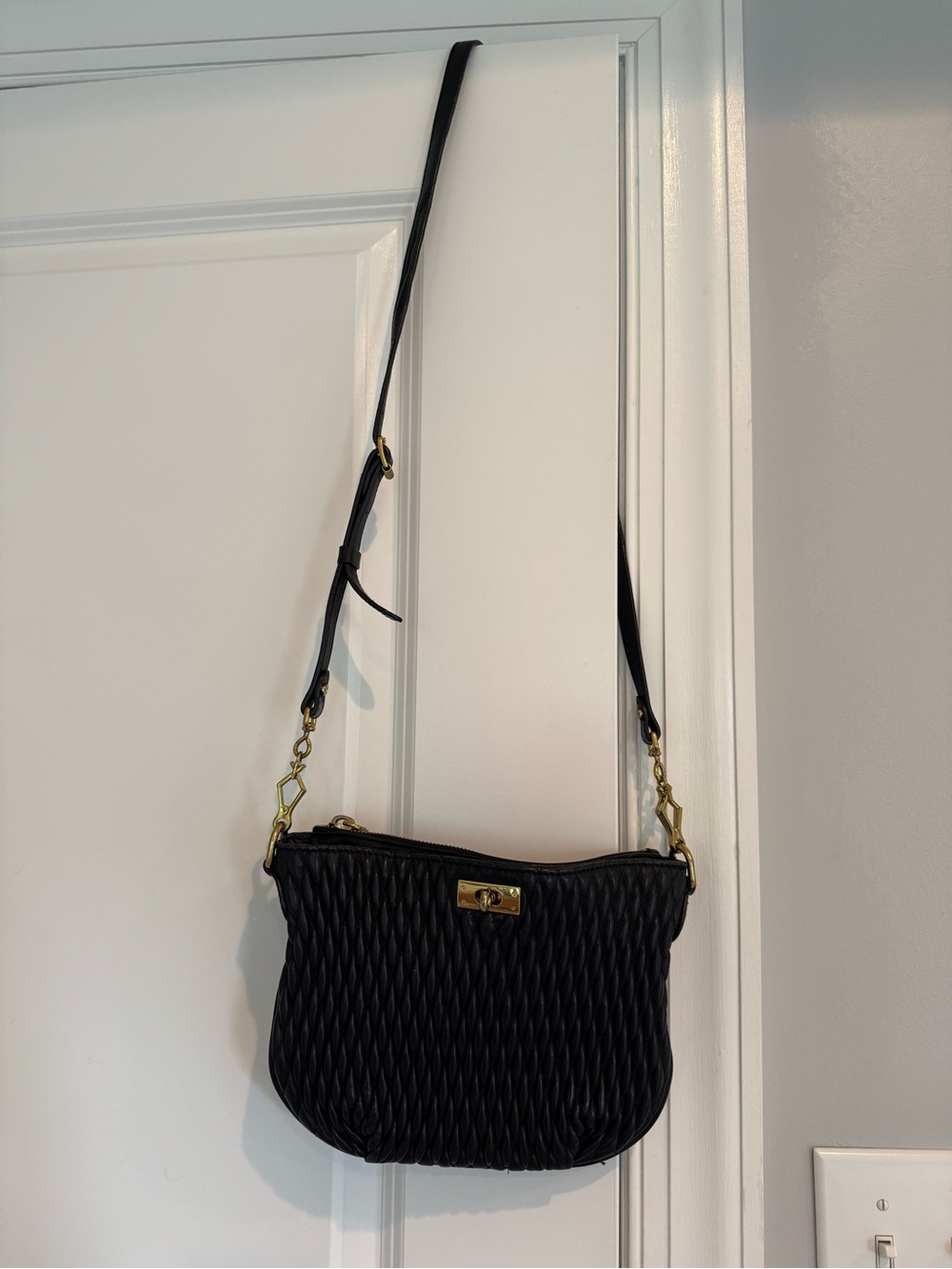 J. Crew Black Quilted Leather Crossbody with Gold Hardware